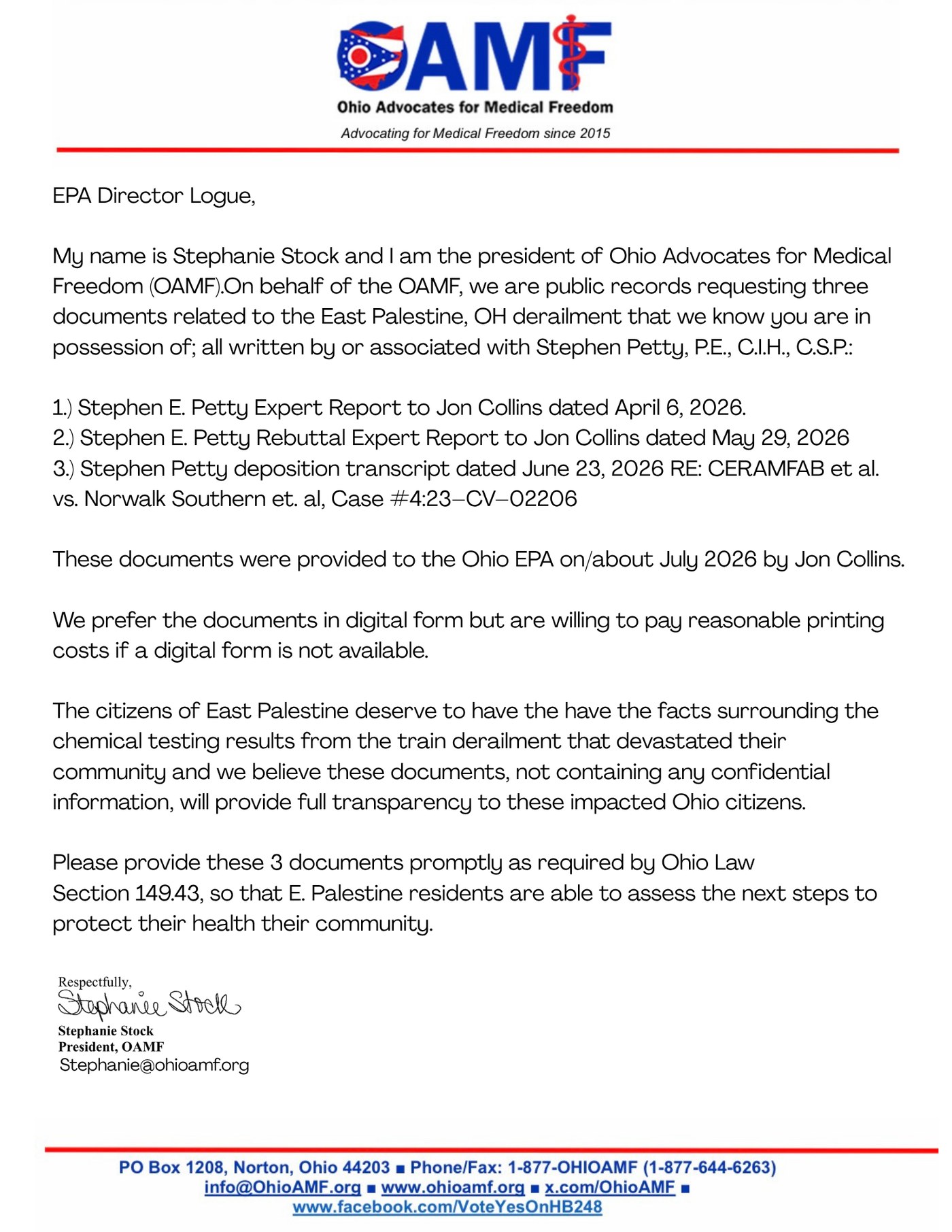 OAMF public records request letter to Ohio EPA Director Logue