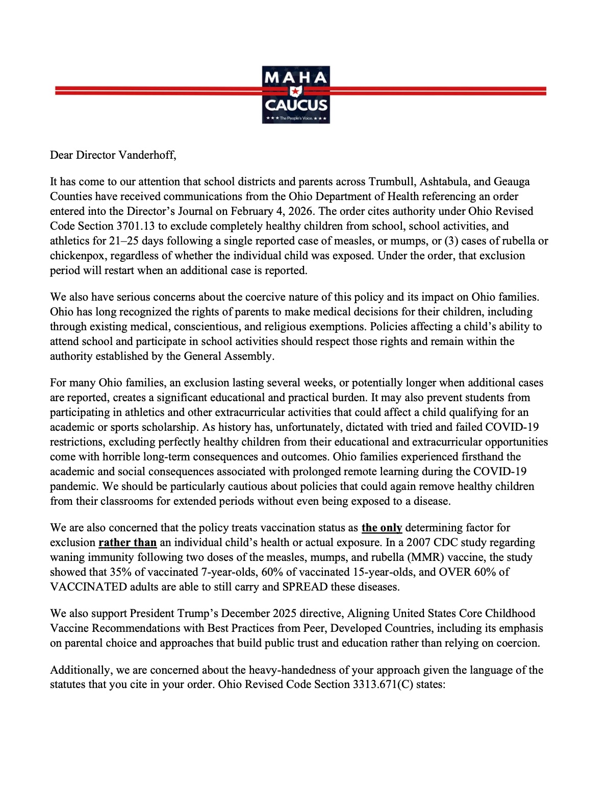 Page one of the Ohio House MAHA Caucus letter to Director Vanderhoff