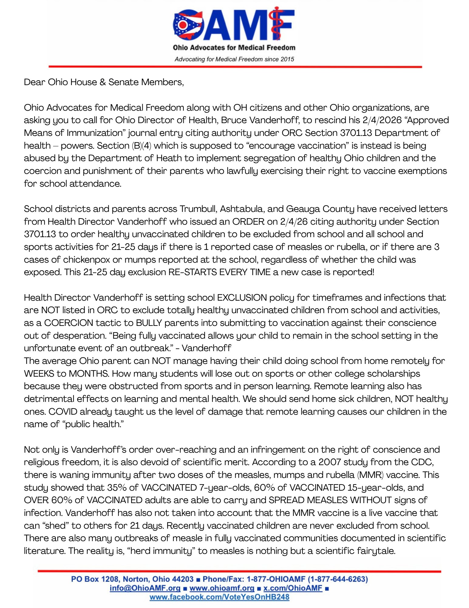 OAMF member letter to the Ohio House and Senate, page 1